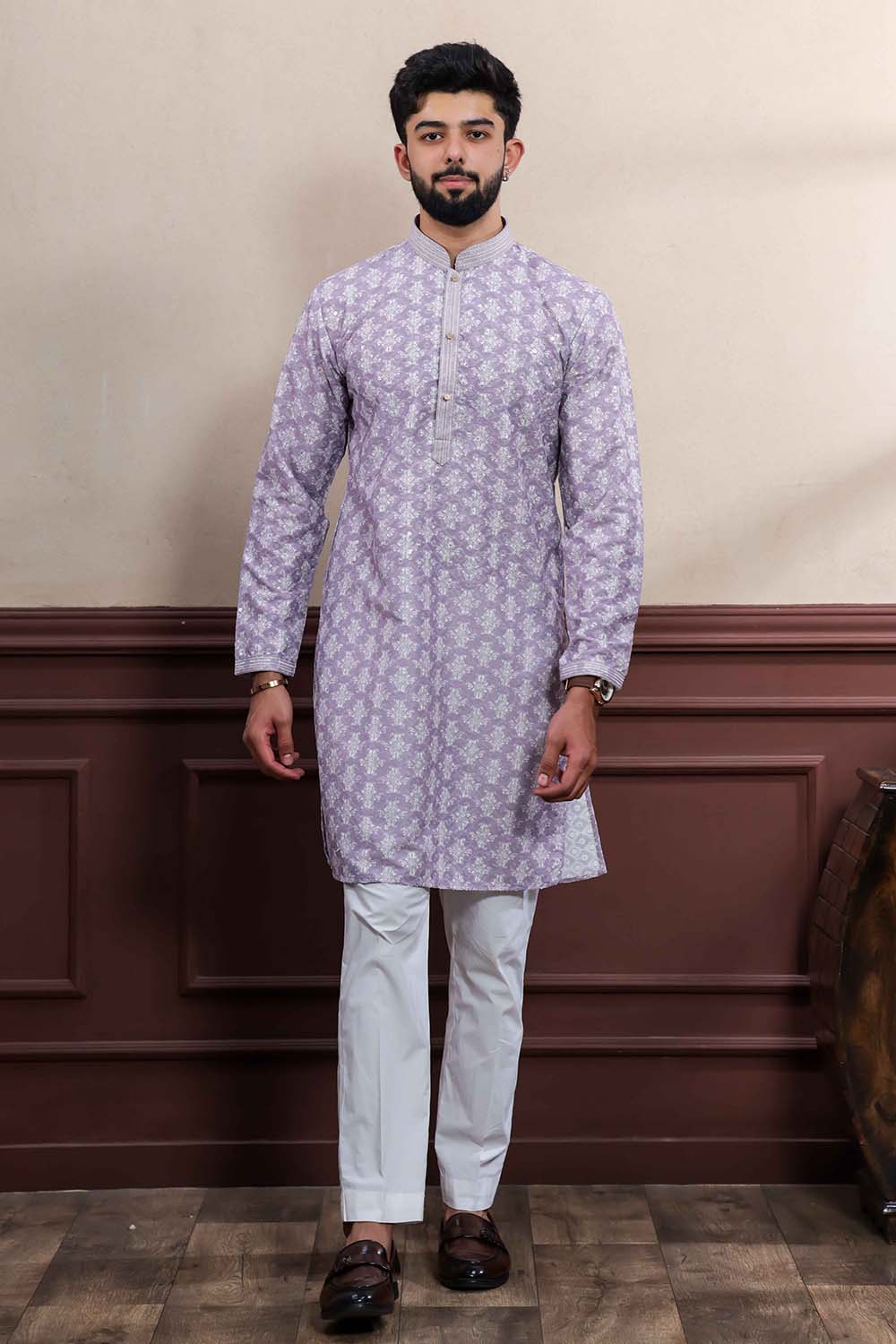 Violet Embroidered Cotton Men's Kurta Set