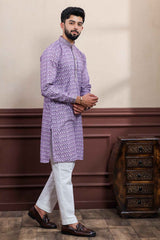 Violet Embroidered Cotton Men's Kurta Set