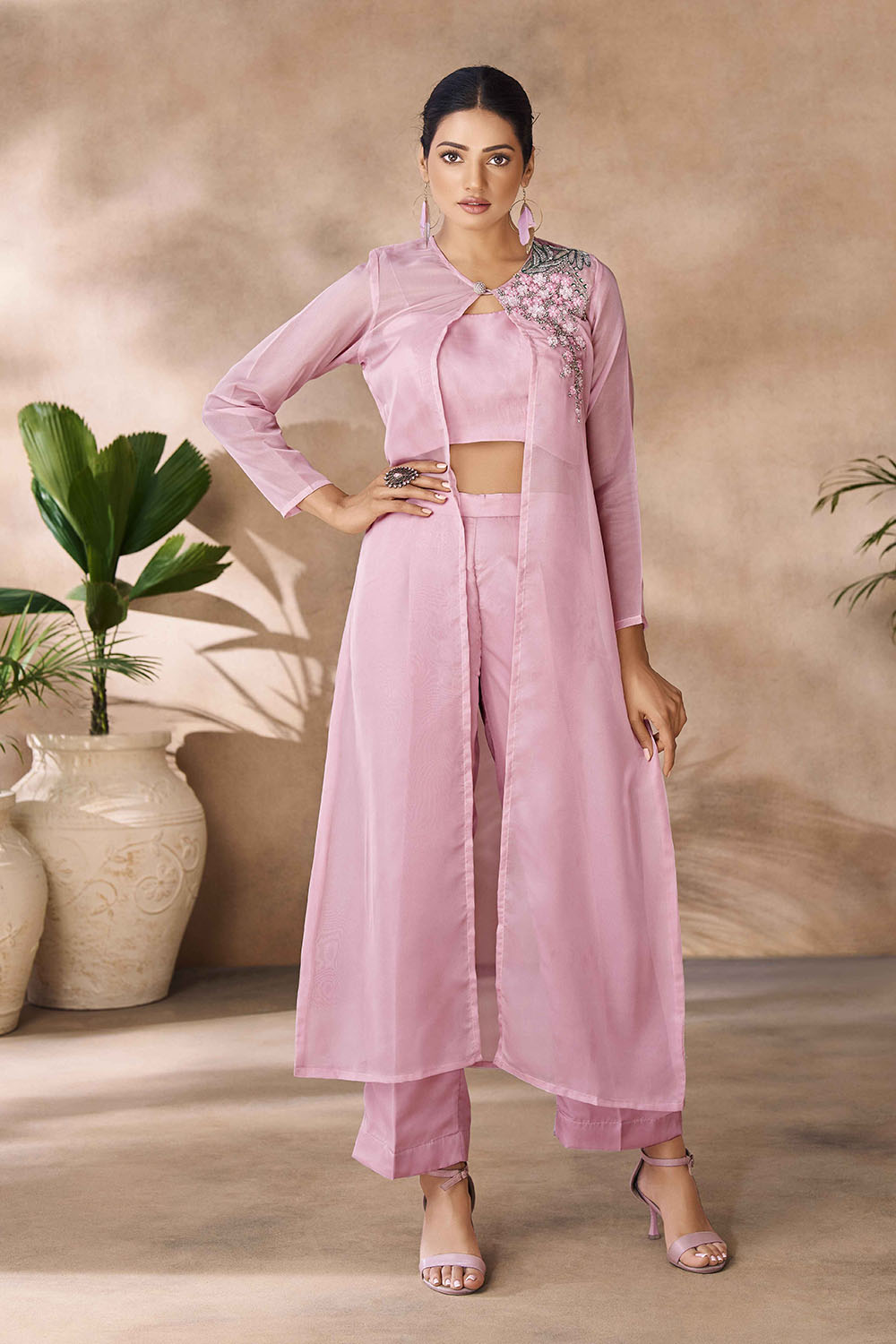 Pink Embroidered Organza Co-Ord Set