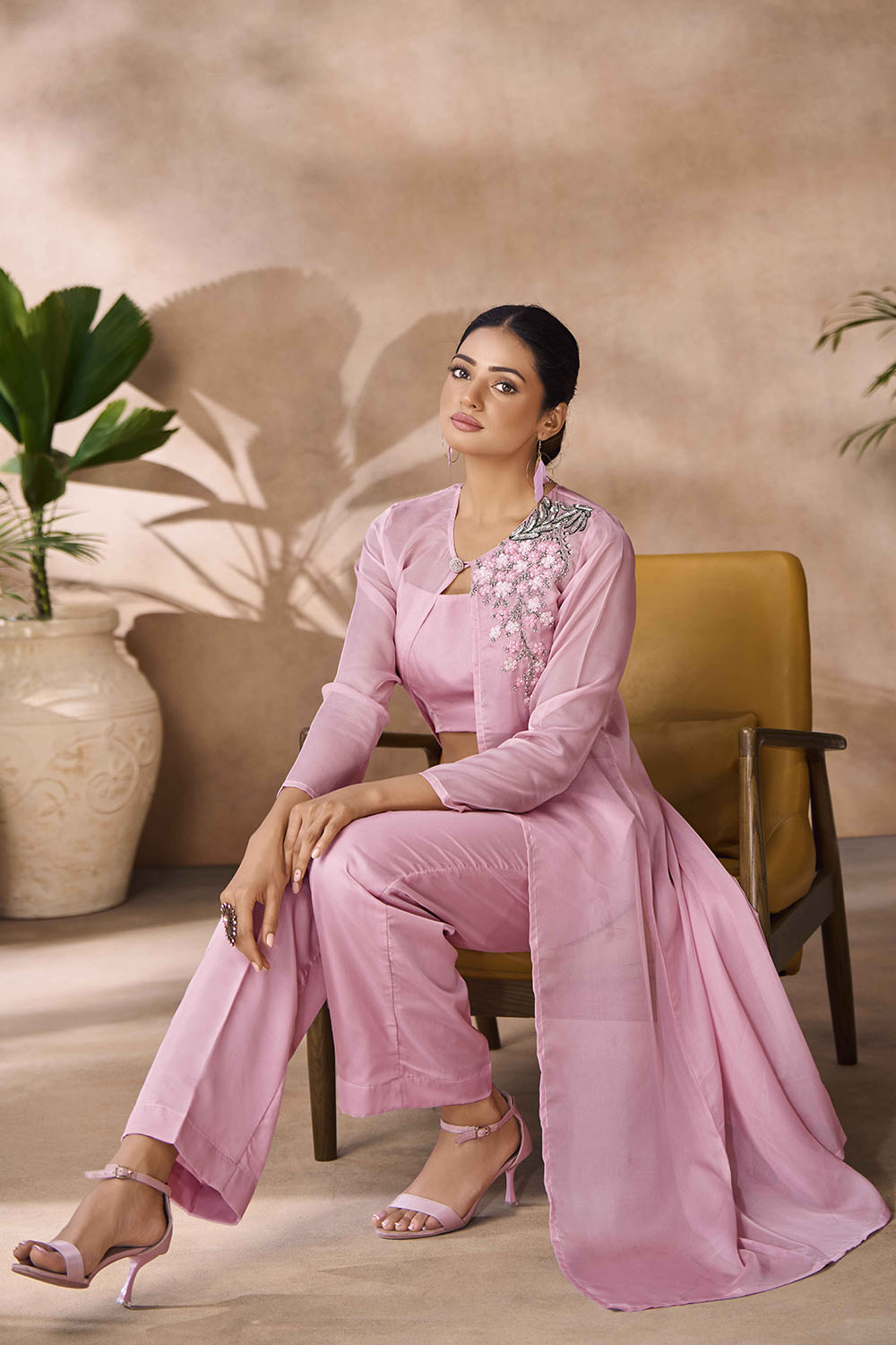 Pink Embroidered Organza Co-Ord Set