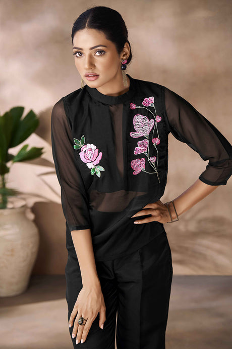 Black Embroidered Organza Co-Ord Set