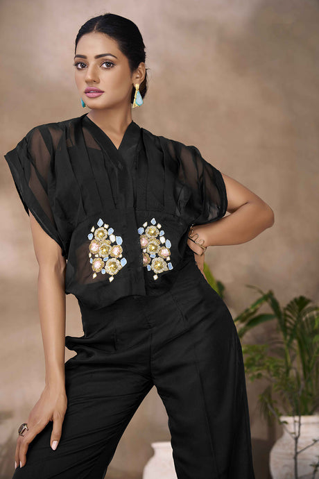 Black Embroidered Organza Co-Ord Set