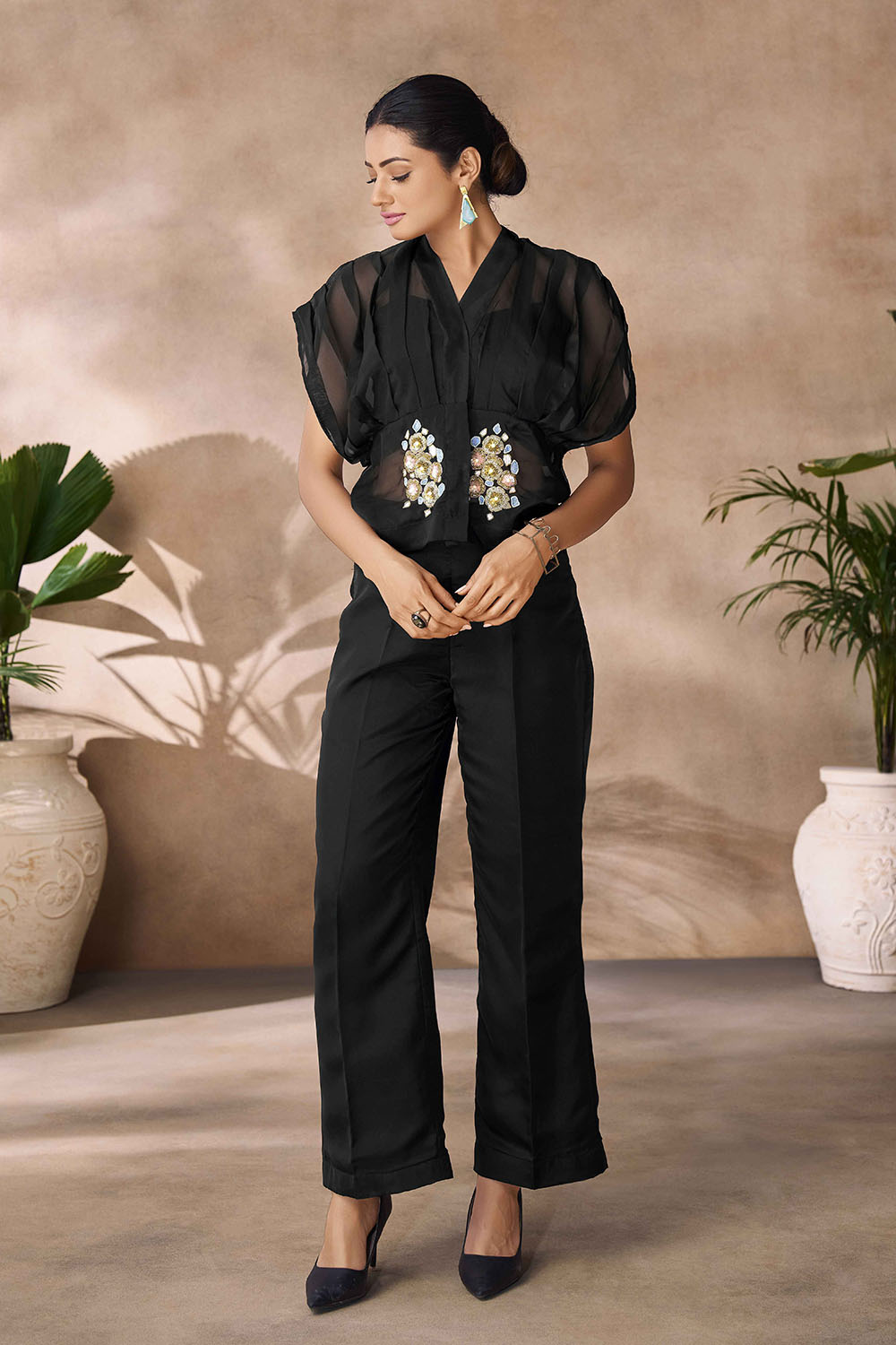 Black Embroidered Organza Co-Ord Set