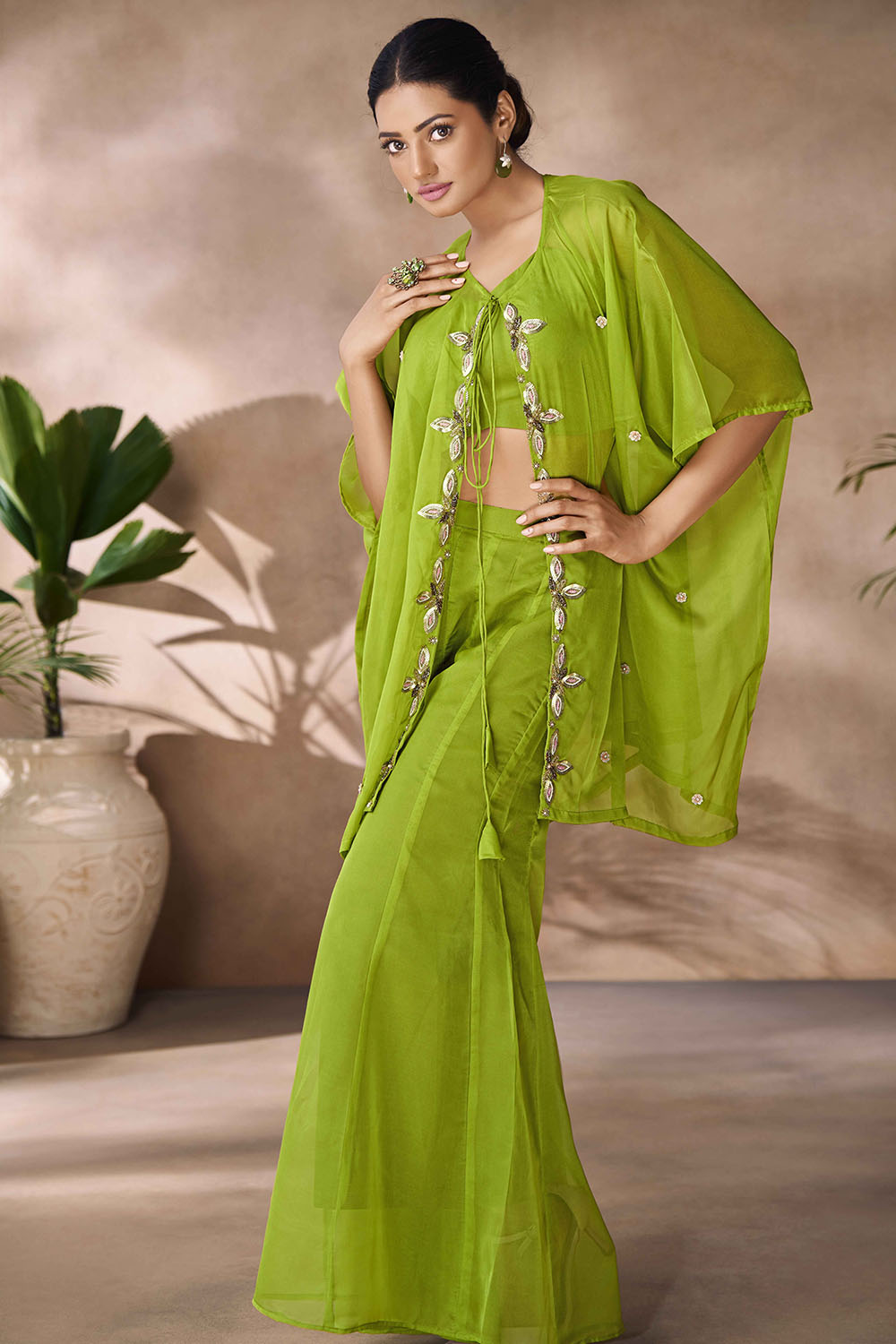 Green Embroidered Organza Co-Ord Set