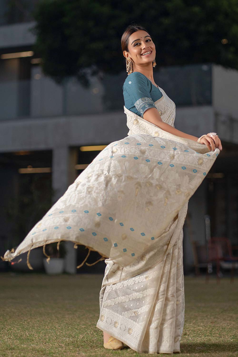 Teal Pure Jamdani Saree