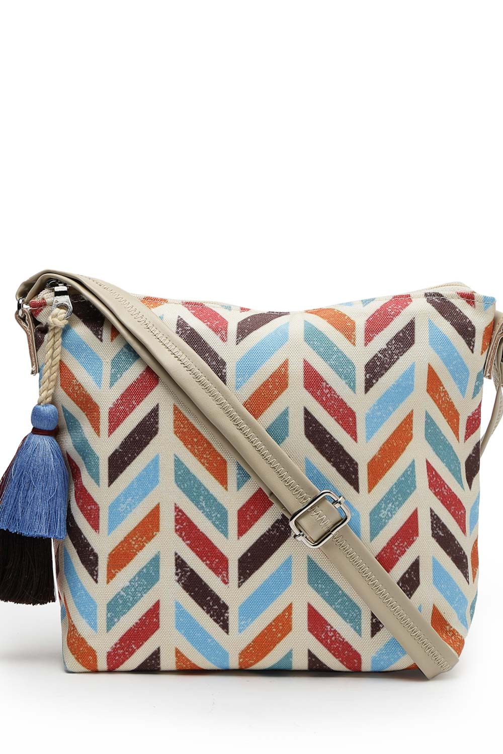 Geomat Natural And Multi Chevron Printed Polycotton Sling Bag