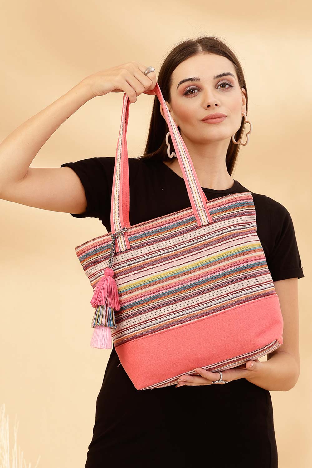 Orange Stripe Jacquard Cotton Canvas Tote Bag