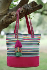 Magenta Stripe Jacquard Cotton Canvas Tote Bag