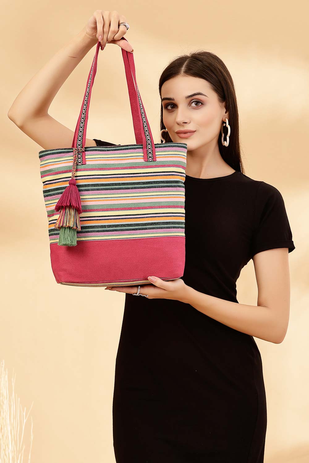 Magenta Stripe Jacquard Cotton Canvas Tote Bag