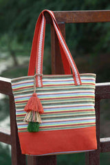 Orange Stripe Jacquard Cotton Canvas Tote Bag