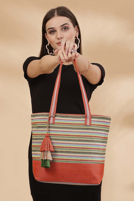 Orange Stripe Jacquard Cotton Canvas Tote Bag