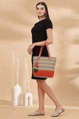 Orange Stripe Jacquard Cotton Canvas Tote Bag