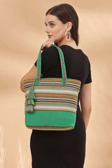 Green Stripe Jacquard Cotton Canvas Tote Bag