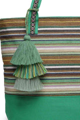 Green Stripe Jacquard Cotton Canvas Tote Bag