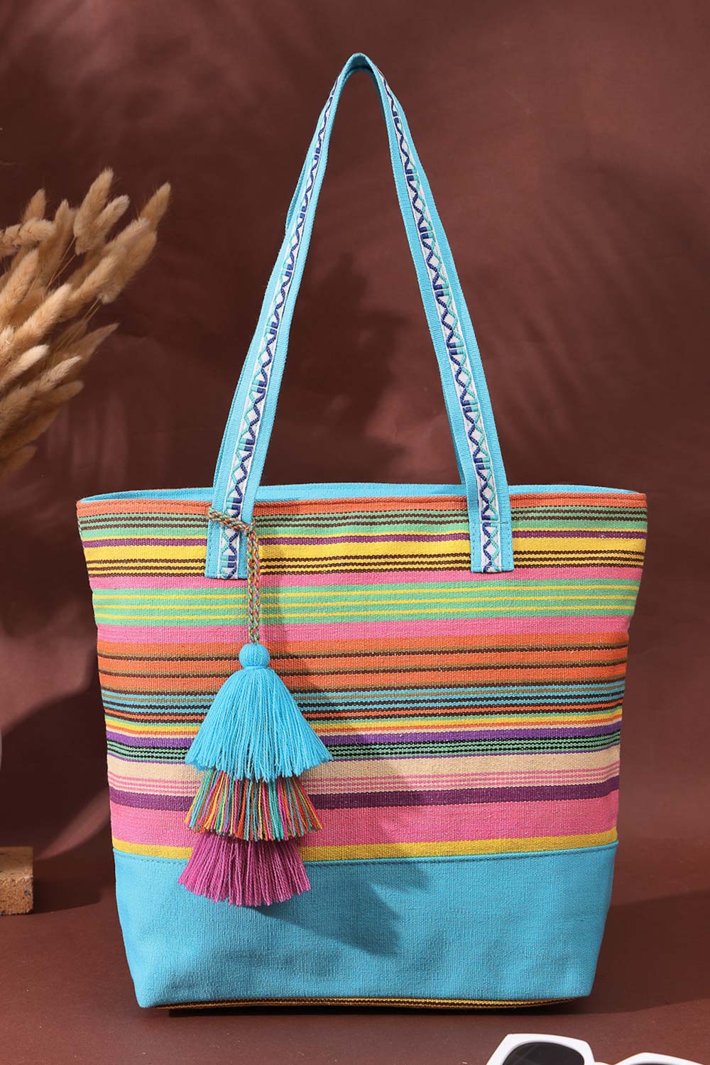 Blue Stripe Jacquard Cotton Canvas Tote Bag