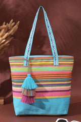 Blue Stripe Jacquard Cotton Canvas Tote Bag