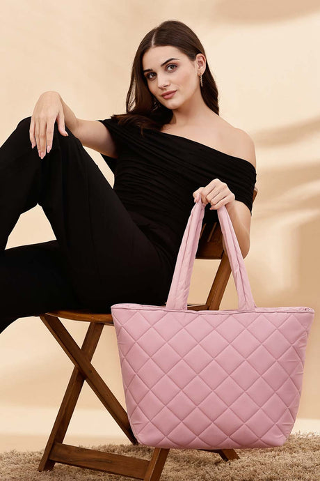 Baby Pink Polyester Diamond Quilted Handheld Bag