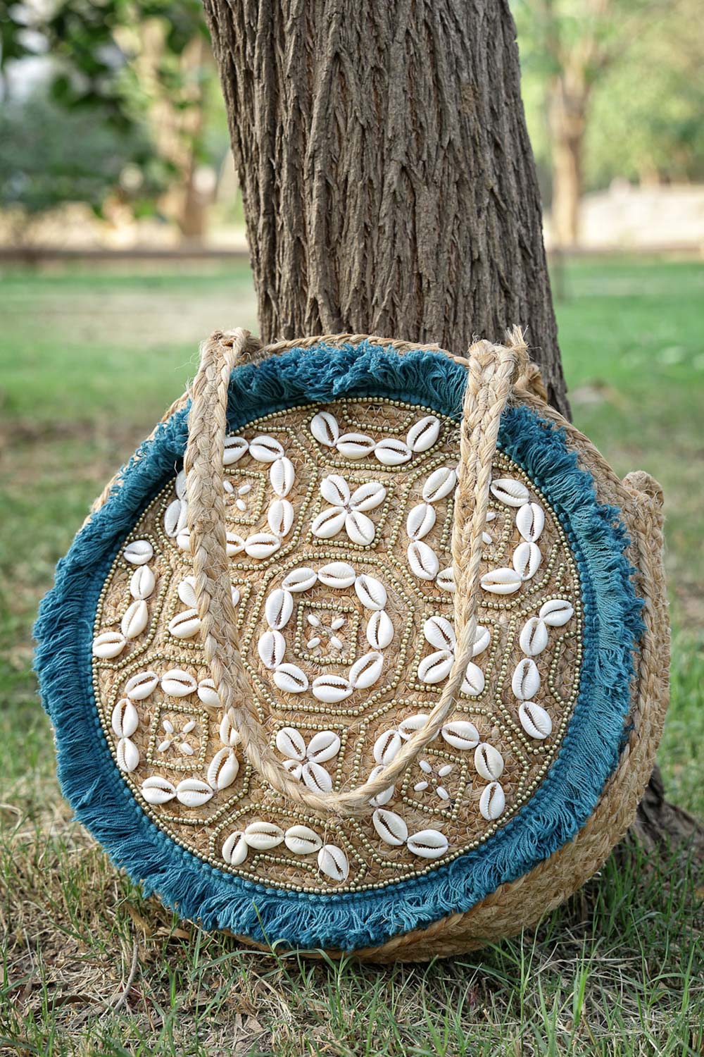 Beige & Turquoise Embellished Jute Tote Bag