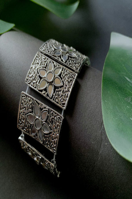 Silver Oxidised Afghani Traditional Mirror Work Stretch Bracelet