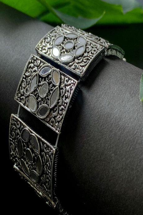 Silver Oxidised Afghani Traditional Mirror Work Stretch Bracelet