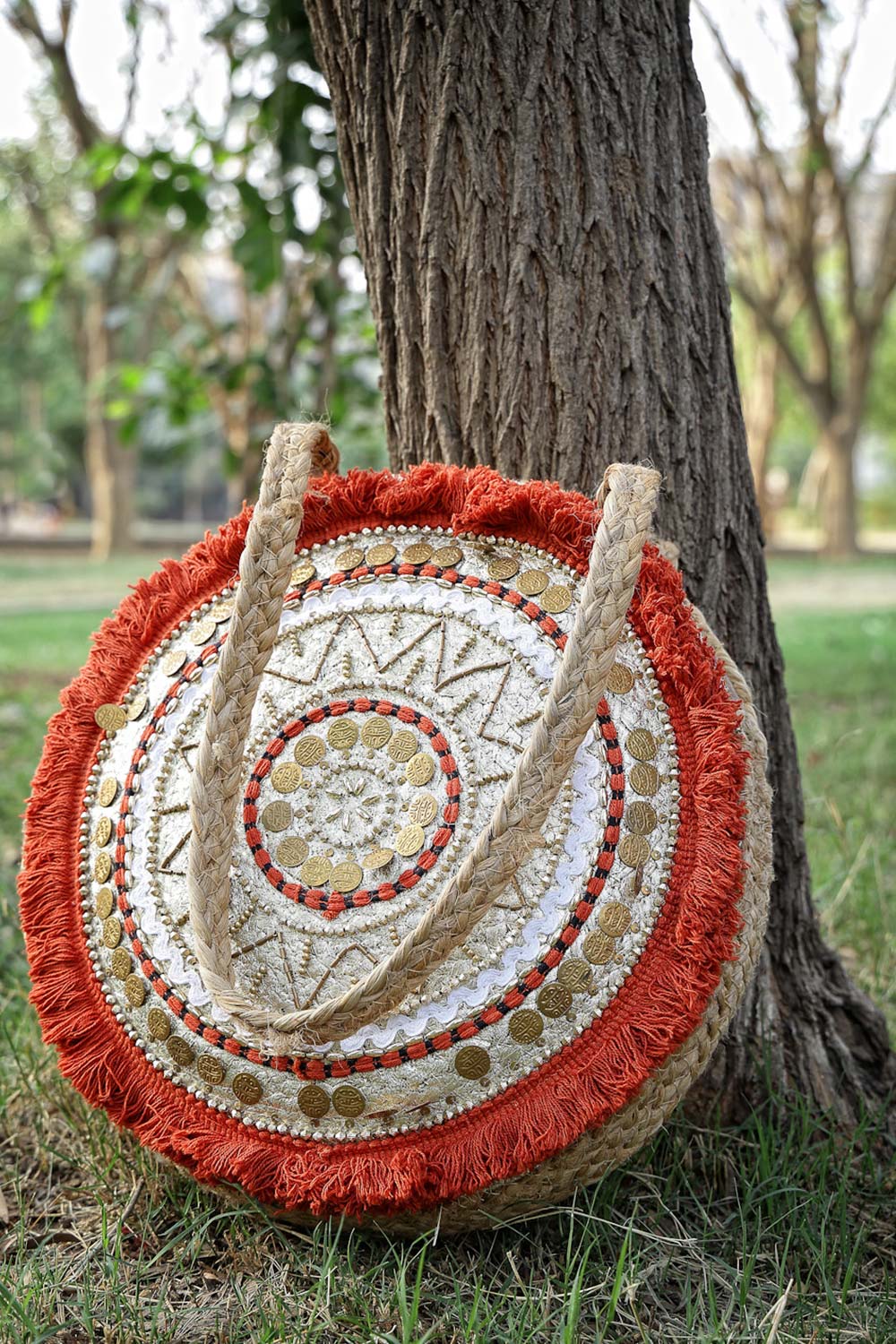 Beige, Red & Gold Mandala Embellished Jute Tote Bag