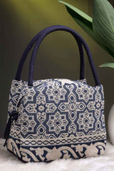 Tribal Beige And Navy Abstract Cotton Jacquard Handheld Bag