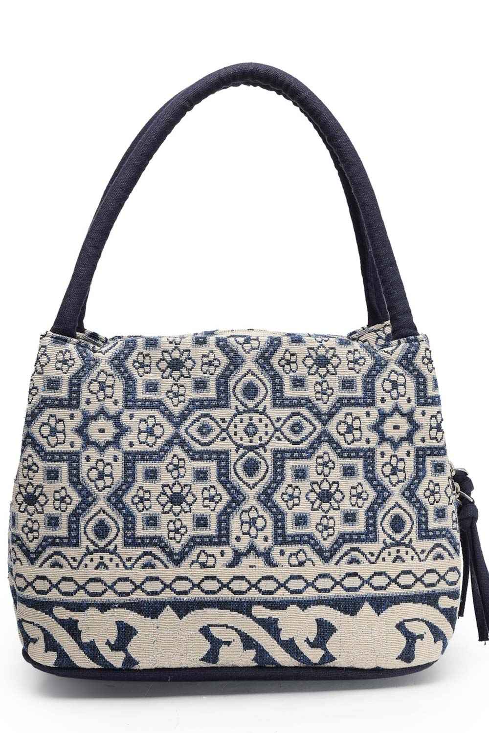 Tribal Beige And Navy Abstract Cotton Jacquard Handheld Bag