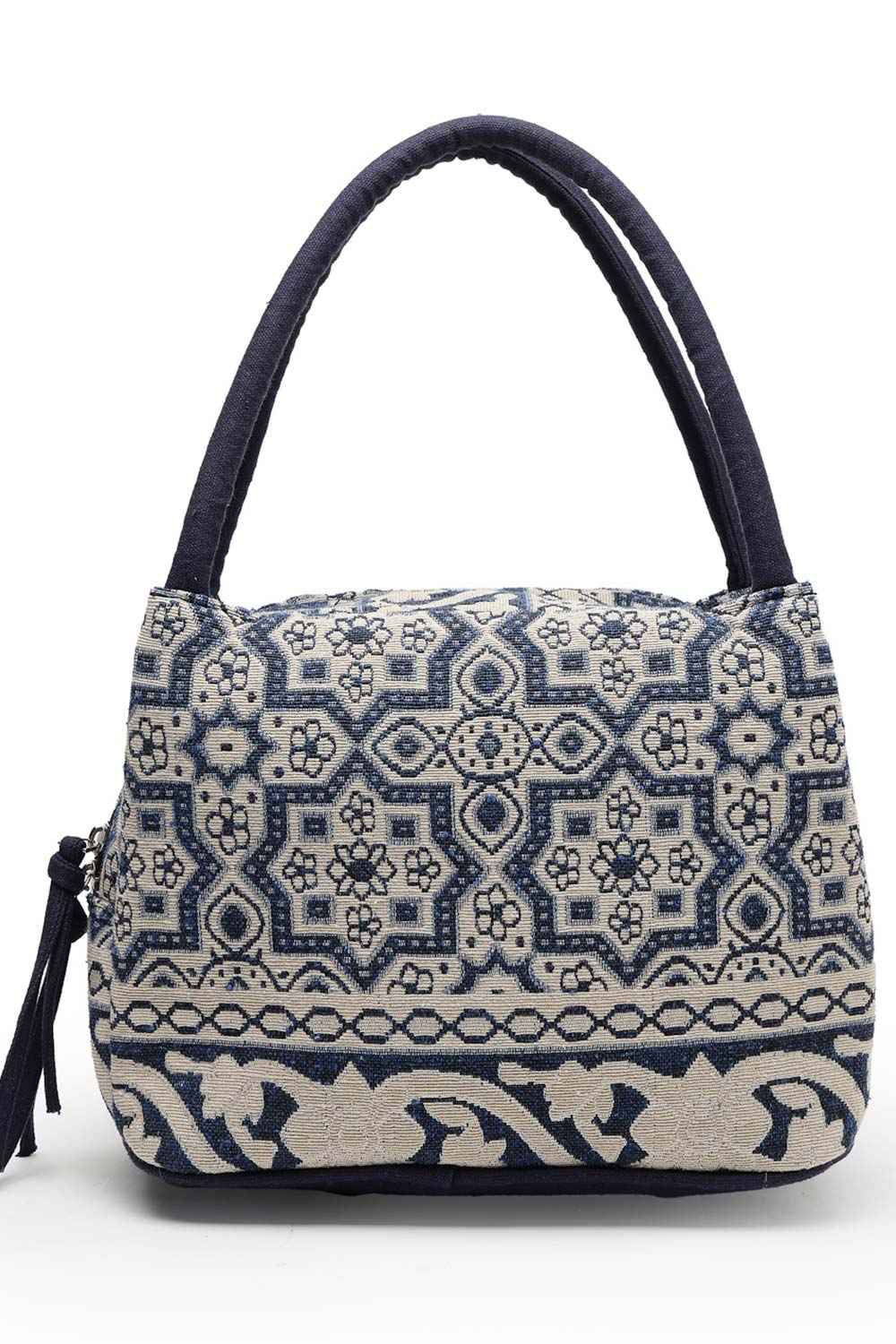 Tribal Beige And Navy Abstract Cotton Jacquard Handheld Bag