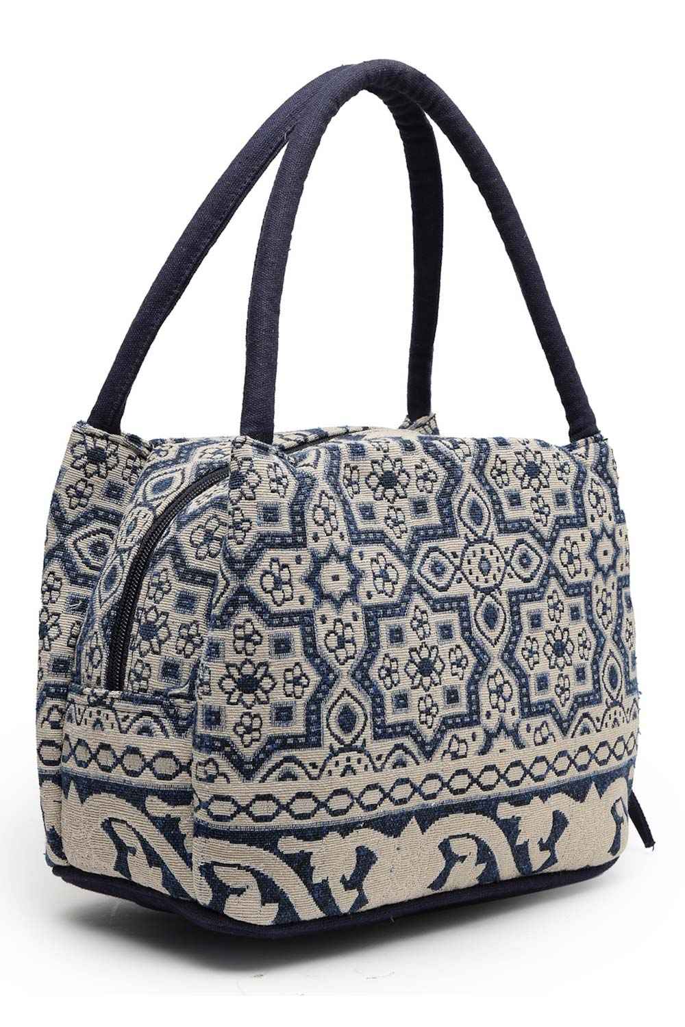 Tribal Beige And Navy Abstract Cotton Jacquard Handheld Bag