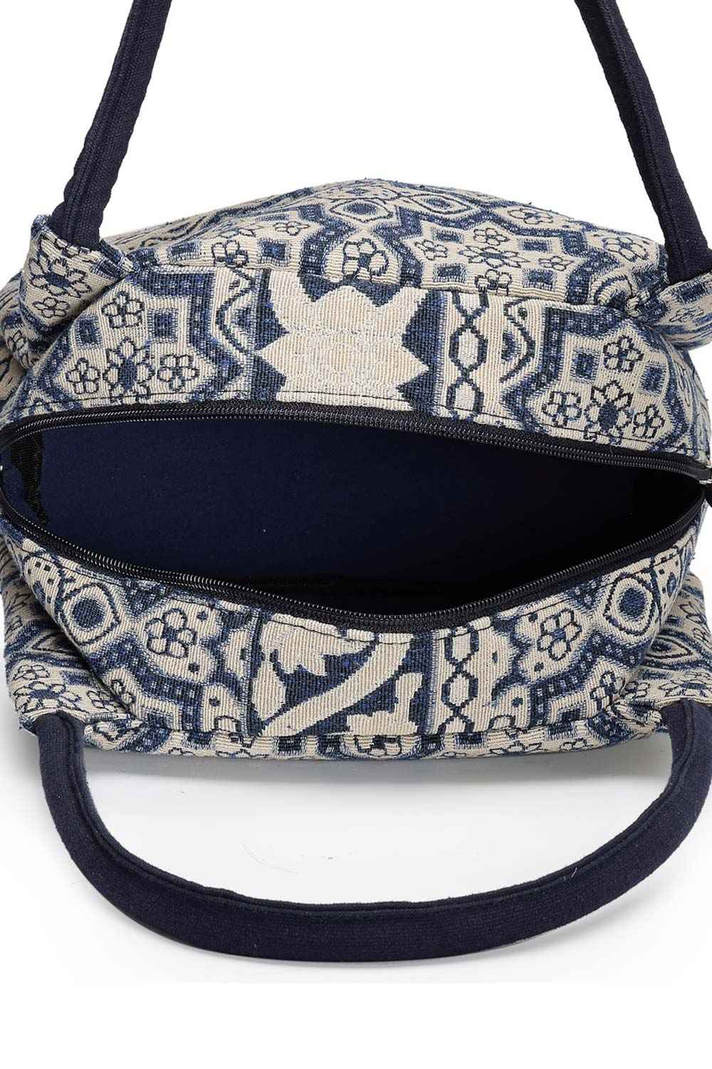 Tribal Beige And Navy Abstract Cotton Jacquard Handheld Bag