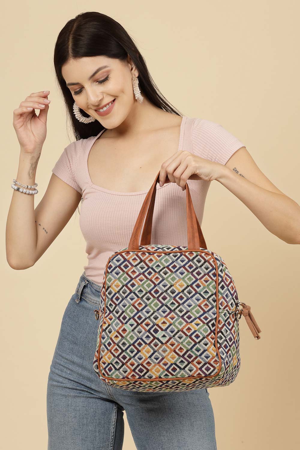 Geomat Multi And Tan Diamond Cotton Jacquard Sling Bag