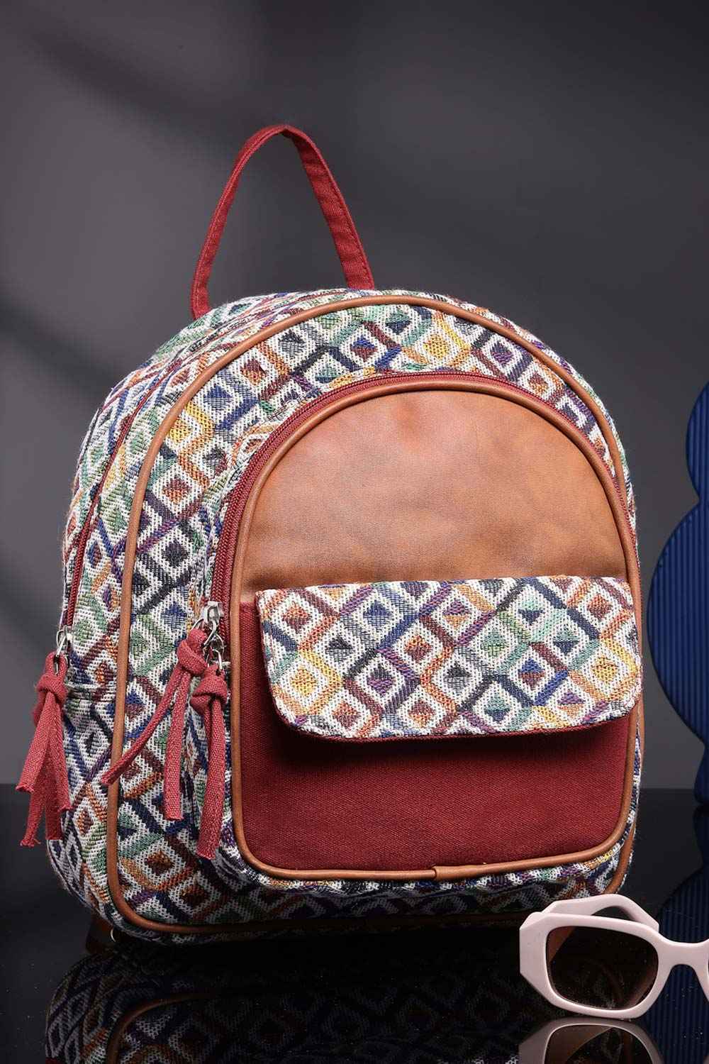 Tribal Tan And Multi Diamond Jacquard Cotton And Vegan Leather Backpack