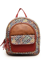 Tribal Tan And Multi Diamond Jacquard Cotton And Vegan Leather Backpack