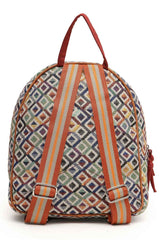 Tribal Tan And Multi Diamond Jacquard Cotton And Vegan Leather Backpack