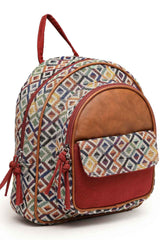 Tribal Tan And Multi Diamond Jacquard Cotton And Vegan Leather Backpack