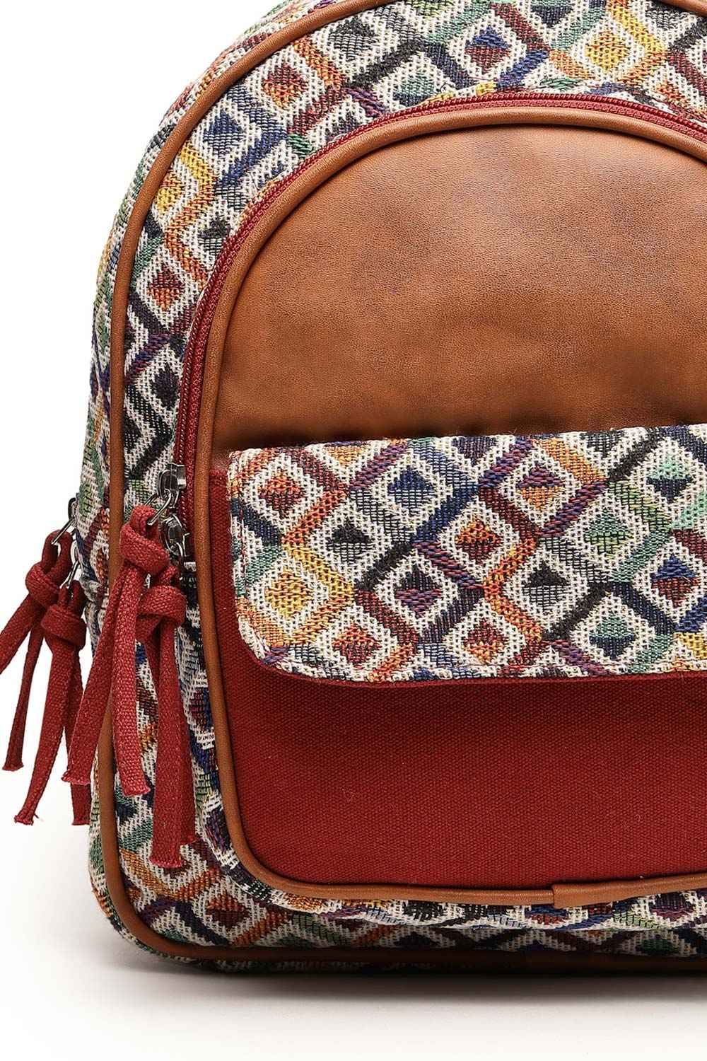 Tribal Tan And Multi Diamond Jacquard Cotton And Vegan Leather Backpack