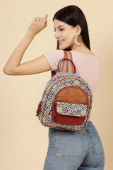 Tribal Tan And Multi Diamond Jacquard Cotton And Vegan Leather Backpack