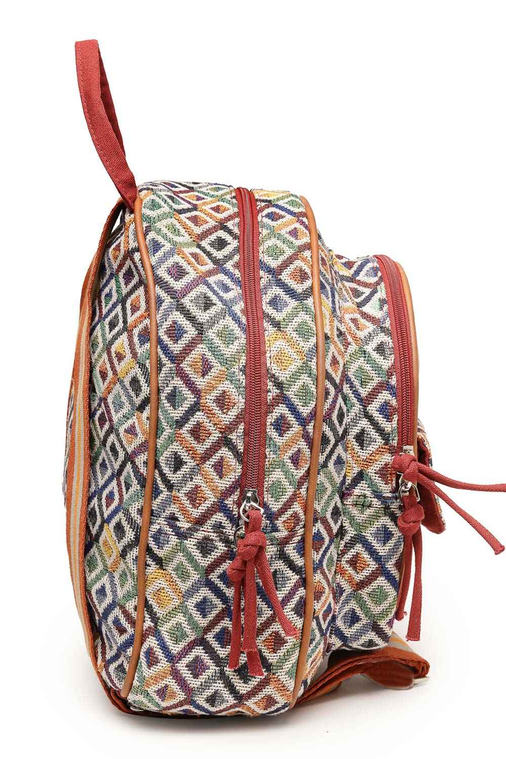 Tribal Tan And Multi Diamond Jacquard Cotton And Vegan Leather Backpack