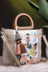 Kooky Camel Brown And Multi Floral Embroidered Cotton Jacquard Handheld Bag