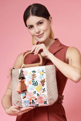 Kooky Camel Brown And Multi Floral Embroidered Cotton Jacquard Handheld Bag