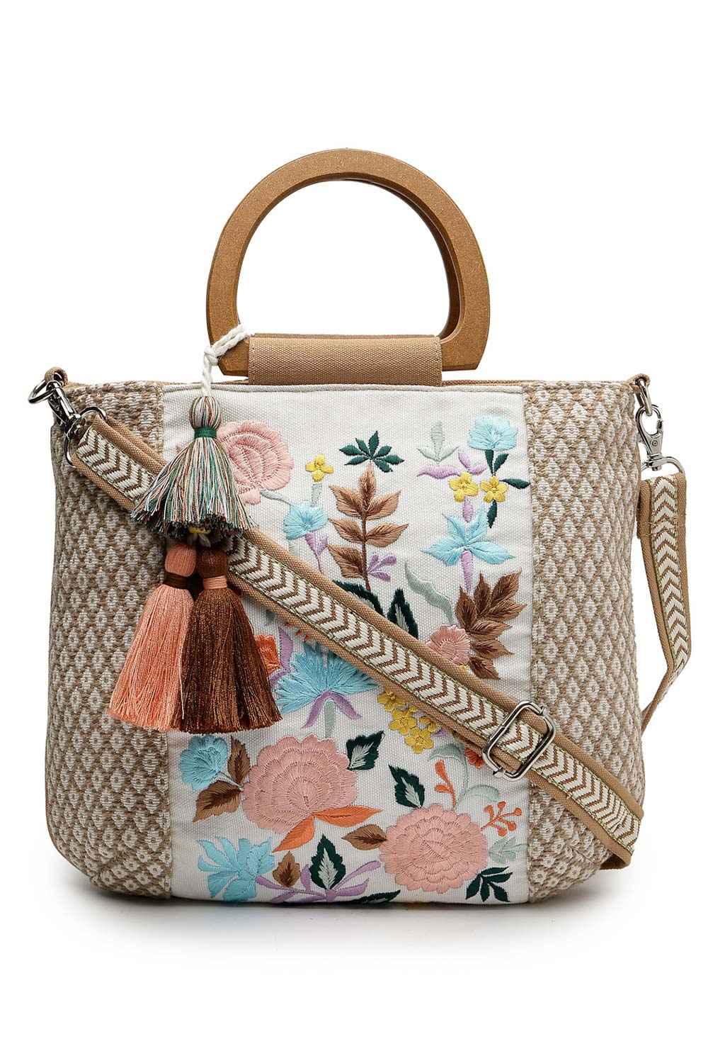 Kooky Camel Brown And Multi Floral Embroidered Cotton Jacquard Handheld Bag