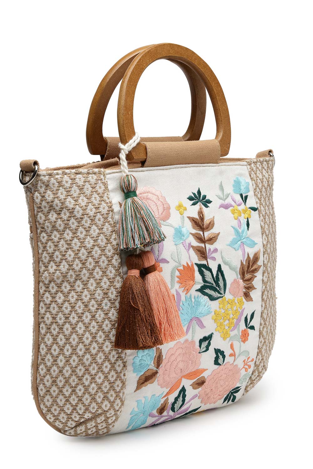 Kooky Camel Brown And Multi Floral Embroidered Cotton Jacquard Handheld Bag