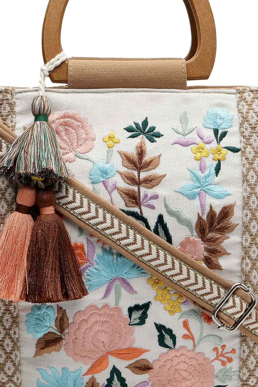 Kooky Camel Brown And Multi Floral Embroidered Cotton Jacquard Handheld Bag