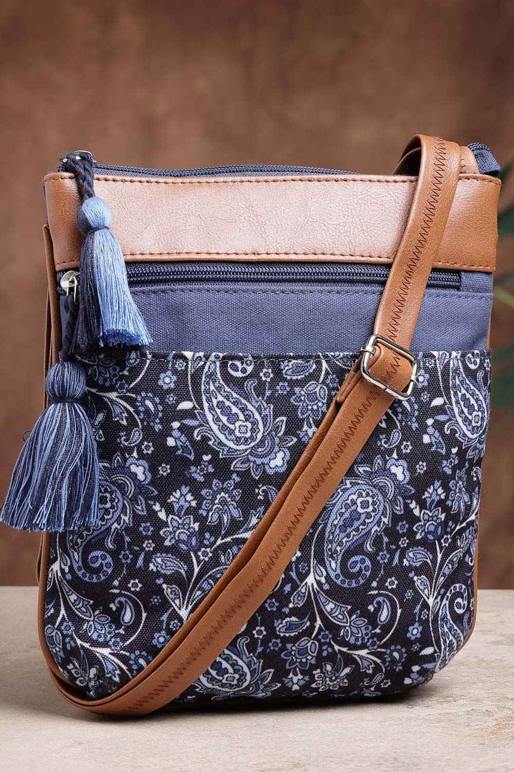 Lush Navy And Tan Paisely Printed Polycotton Sling Bag