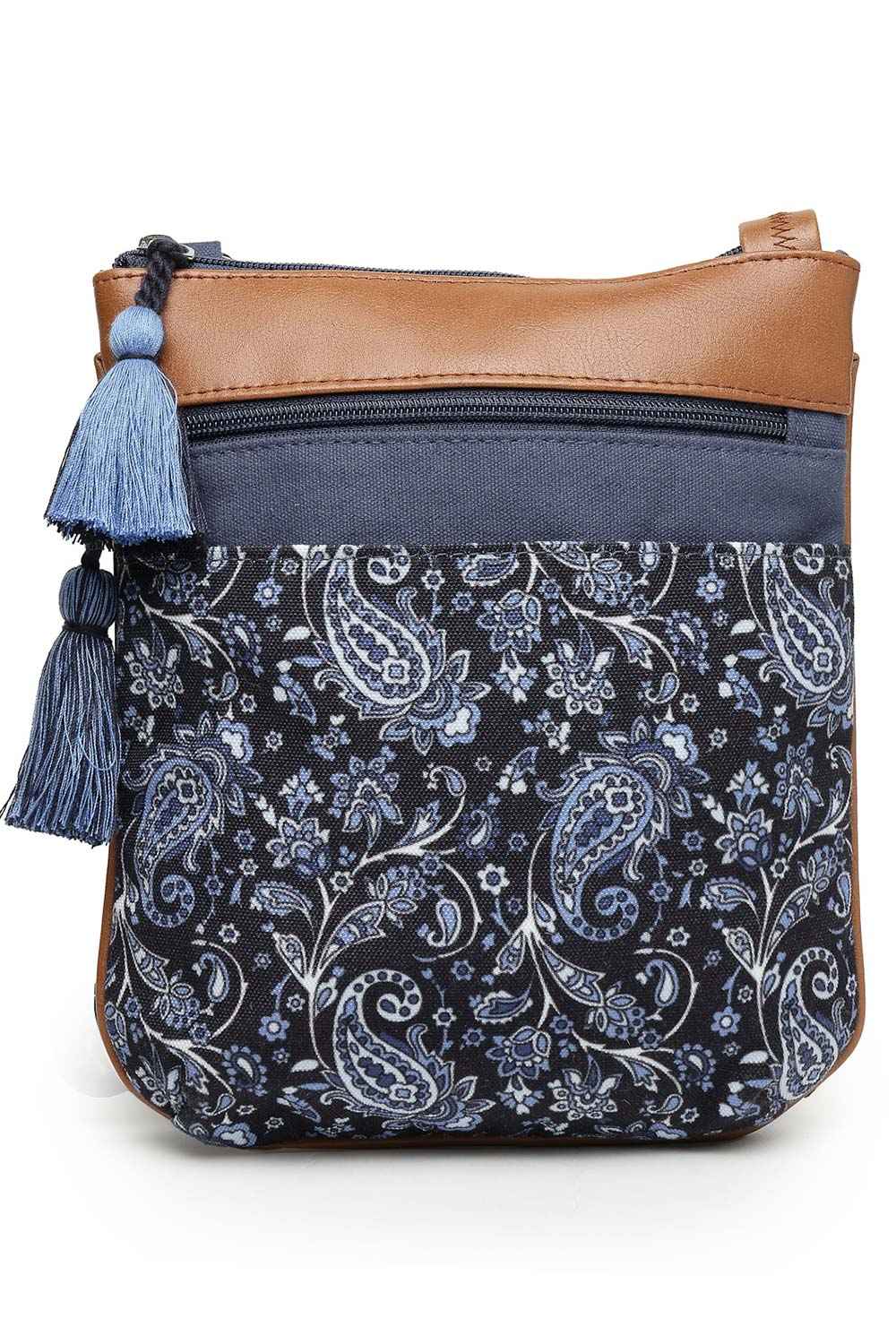 Lush Navy And Tan Paisely Printed Polycotton Sling Bag