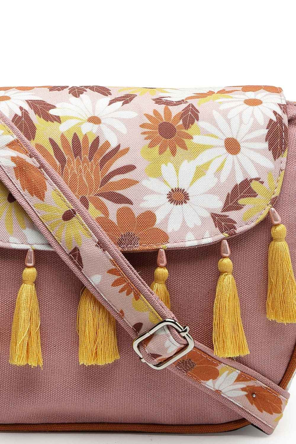 Lush Dusty Pink And Multi Floral Printed Polycotton Sling Bag