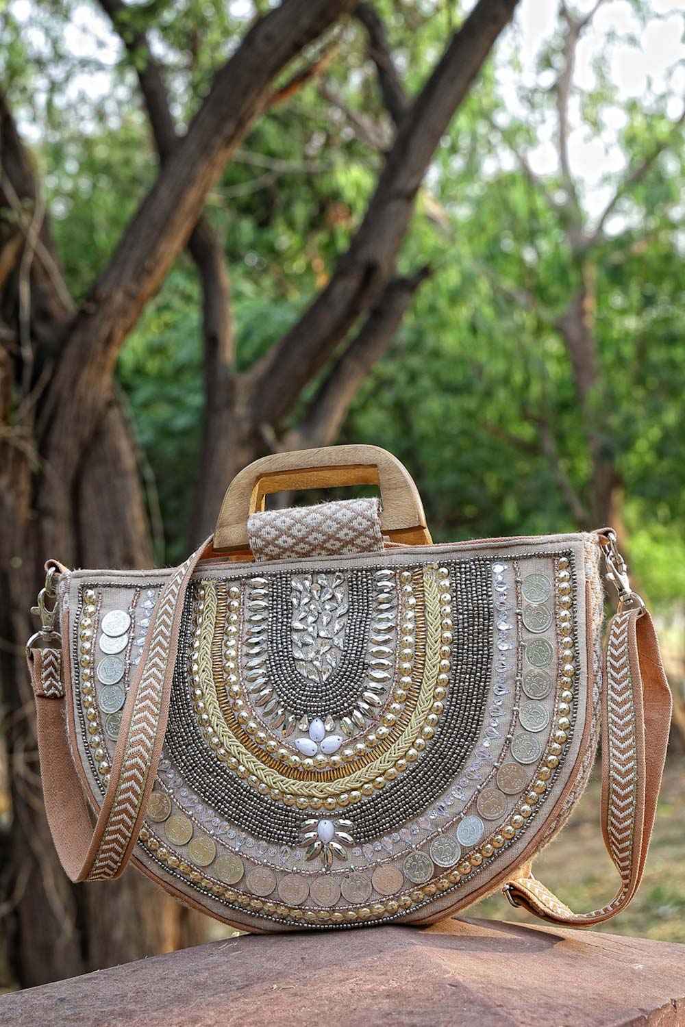 Boho Camel Brown And Gold Ethnic Embellished Cotton Jacquard Handheld Bag