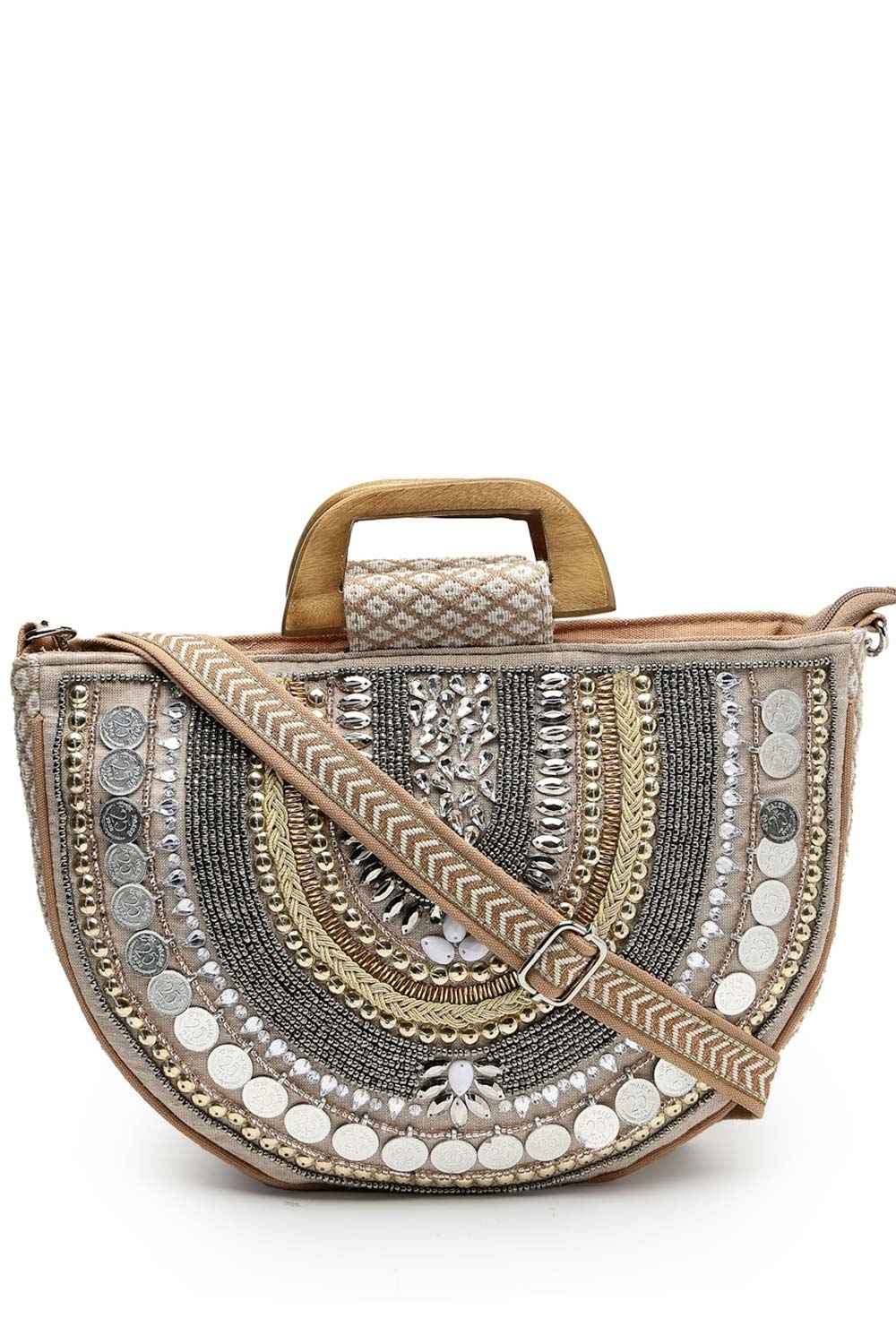 Boho Camel Brown And Gold Ethnic Embellished Cotton Jacquard Handheld Bag