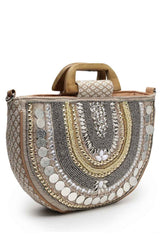 Boho Camel Brown And Gold Ethnic Embellished Cotton Jacquard Handheld Bag