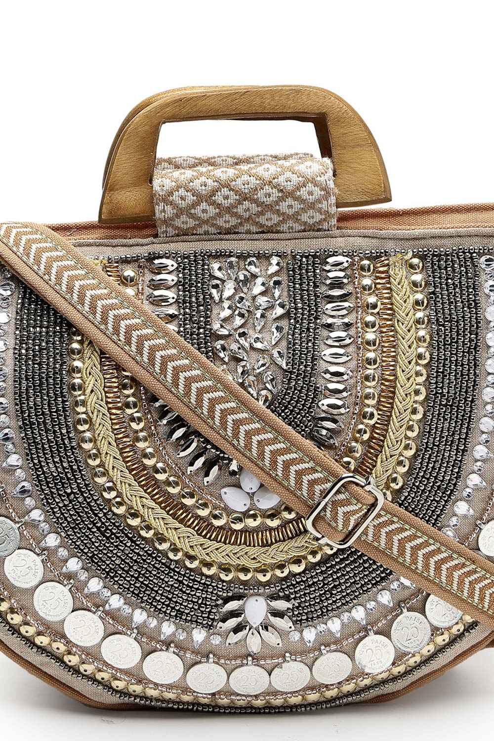 Boho Camel Brown And Gold Ethnic Embellished Cotton Jacquard Handheld Bag